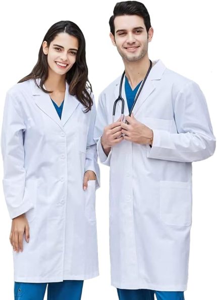 CoatCool Laborkittel Weiß Kittel Baumwolle Arztkittel Herren Damen Mantel Hygiene Langarm Medizin Mantel mit Knöpfen und 3 Tasche Chemie Kittel Schule Unisex Arztmantel für Labor, Studium, Arbeit